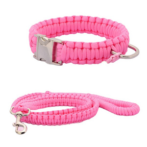 Pink Braided Pet Dog Collar and Leash Set with Unique King Cobra Design Silver Charms