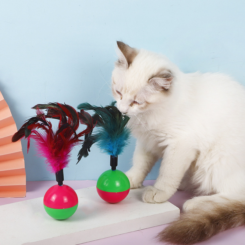 Wholesale Colorful Cat Teaser Feather Toy Indoor Outdoor Cat Tumbler Toy Interactive Cat Ball Toy