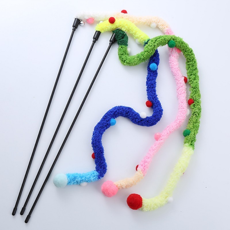 Colorful Cat Teaser Stick Interactive Cat Toy Wand Soft Long Stripe Cat Plush Toy with Bell