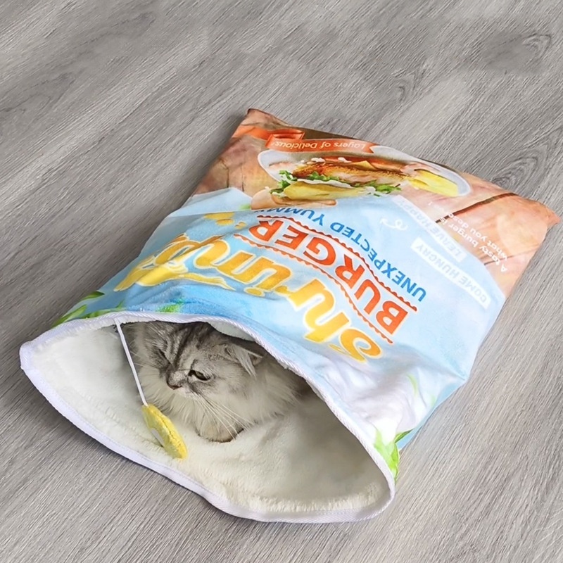 New Design Squeaky Full Crinkle Paper Cat Sleeping Bag Interactive Cat Bags Toys Soft Funny Cat Cave Bed with Hanging Plush Toy