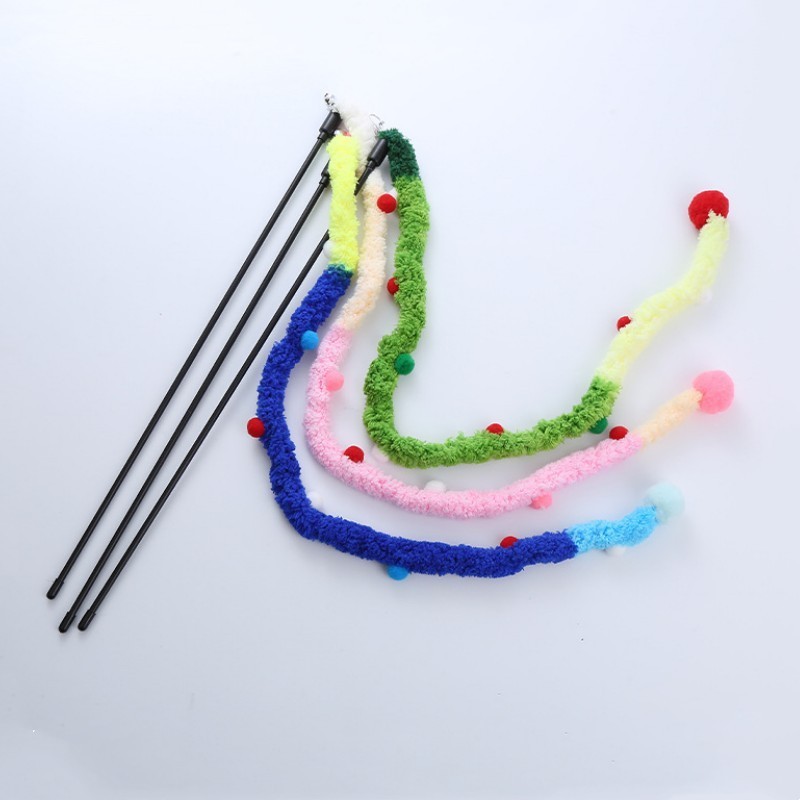 Colorful Cat Teaser Stick Interactive Cat Toy Wand Soft Long Stripe Cat Plush Toy with Bell