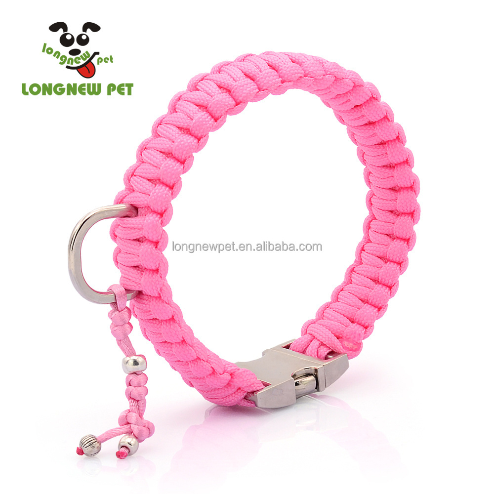 Pink Braided Pet Dog Collar and Leash Set with Unique King Cobra Design Silver Charms