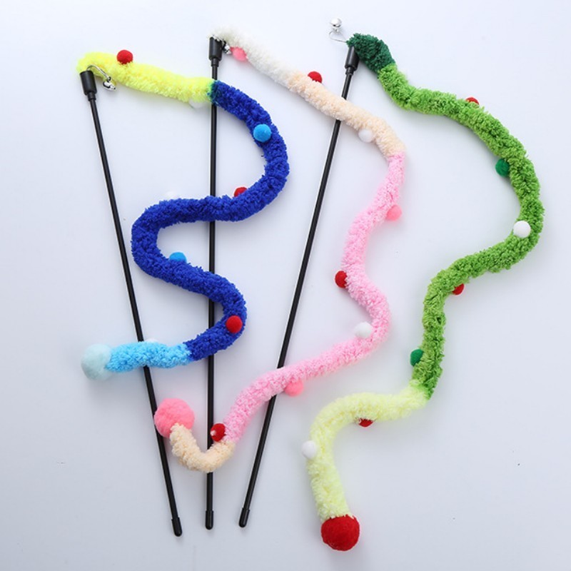 Colorful Cat Teaser Stick Interactive Cat Toy Wand Soft Long Stripe Cat Plush Toy with Bell