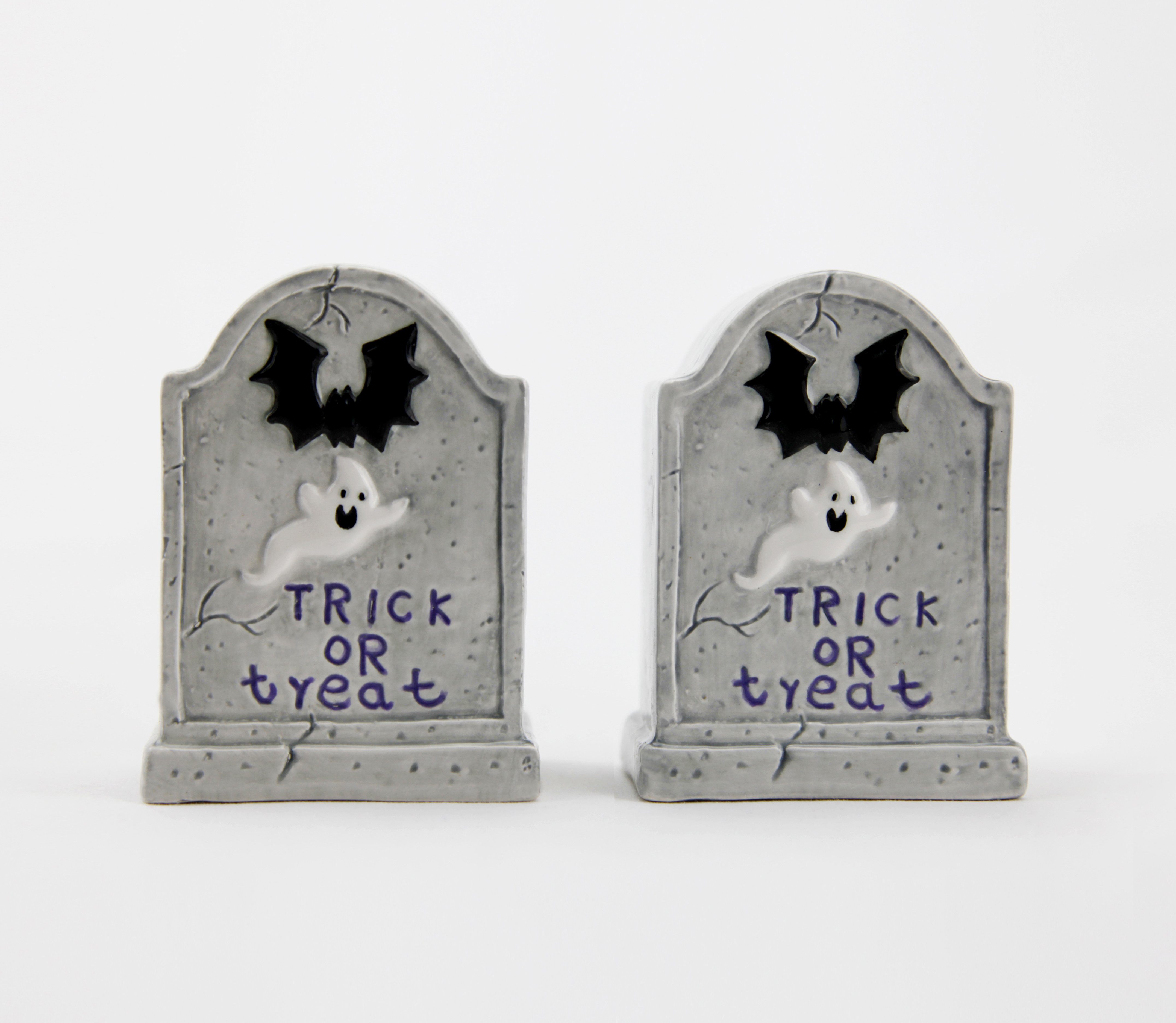 Halloween Tomb Stones Trick or Treat Ceramic Salt & Pepper Shaker 2 Piece Set