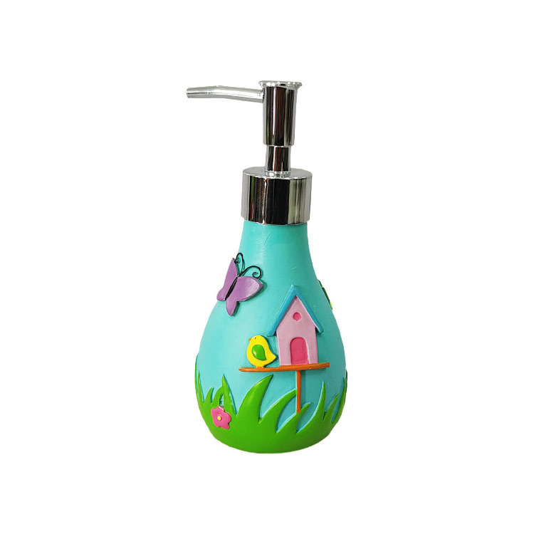 Eco friendly supermarket supplier resin fun flower soap dispenser with cats butterfly home decorative kids bathroom accessories