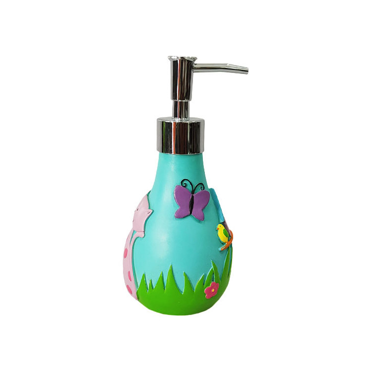 Eco friendly supermarket supplier resin fun flower soap dispenser with cats butterfly home decorative kids bathroom accessories