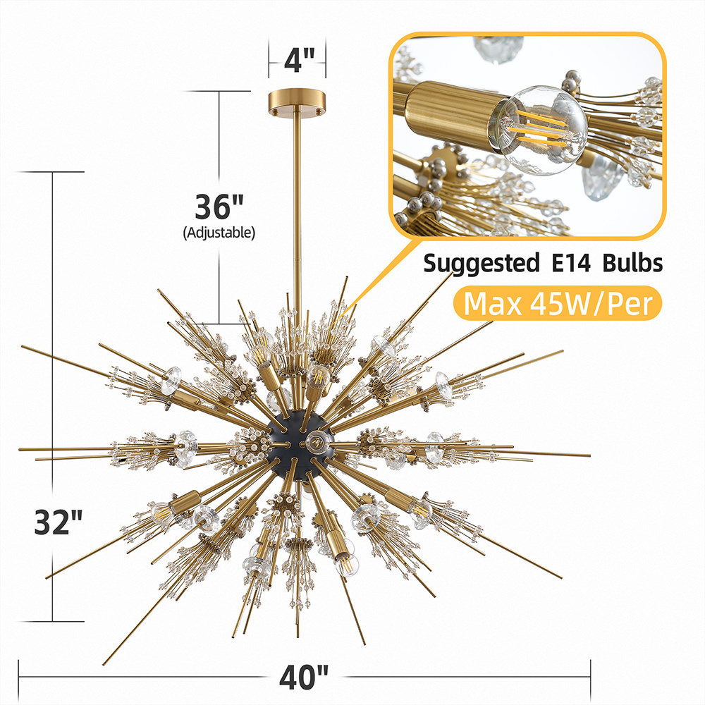 Longree Sputnik Chandelier 17-Lights Gold Starburst Crystal Chandelier Light Fixture for Living Room Bedroom Entryway Foyer