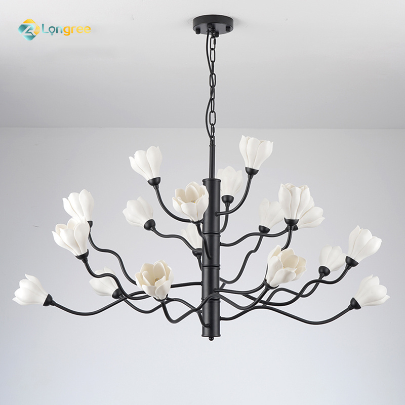 Longree Magnolia Flower Chandelier White Black Farmhouse Rustic Chandelier Light Fixture for Dining Room Living Room Kitchen