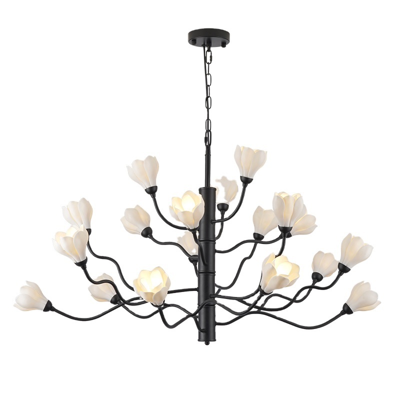 Longree Magnolia Flower Chandelier White Black Farmhouse Rustic Chandelier Light Fixture for Dining Room Living Room Kitchen