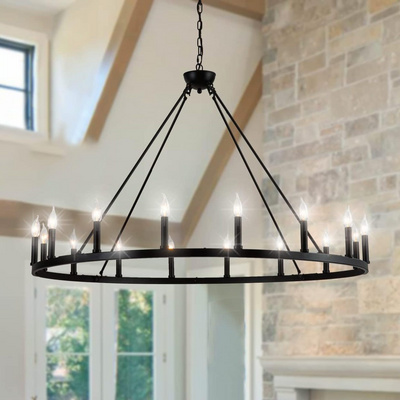 16-Light Black Wagon Wheel Chandelier Large Farmhouse Round Rustic Lighting Industrial Light Fixture for Foyer Kitchen Entryway