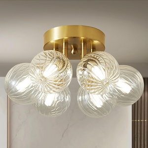 Longree Nordic Bubble Ball Swirled Ceiling Light Fixture 6-Light Gild Brass Clear Blown Glass Small Chandelier for Bedroom Entry