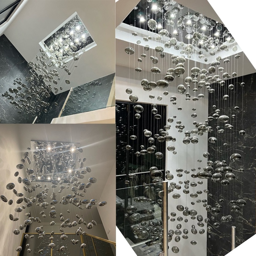 Modern Ball Ceiling Light Rectangular LED Smoke Grey Blown Glass Bubble Chandelier Light for Living Room Hotel Lobby Staircase