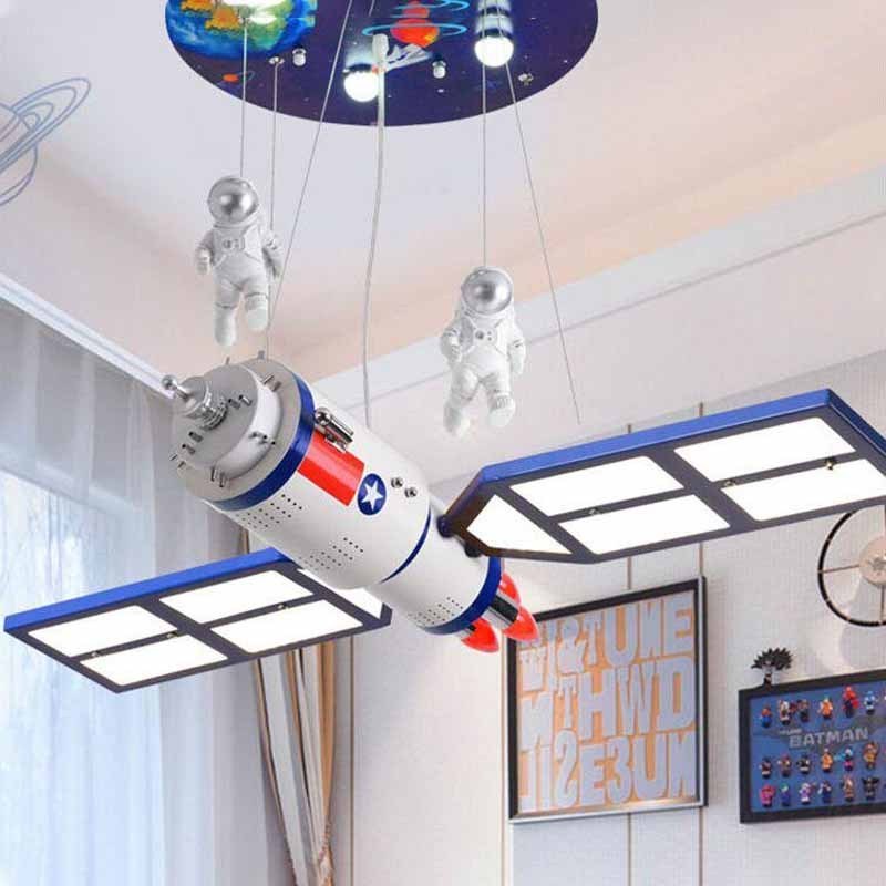 Children's Room Space Satellite Chandelier Remote Control Lighting Fixture for Kids Bedroom Nursery Cartoon Hanging Lamp