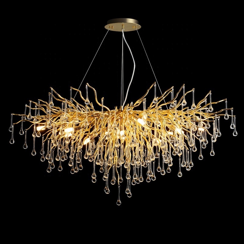 Post Modern Branch Ceiling Water Drop Chandelier Living Room Duplex Villa Restaurant Luxury Crystal Gold Pendant Light Fixtures