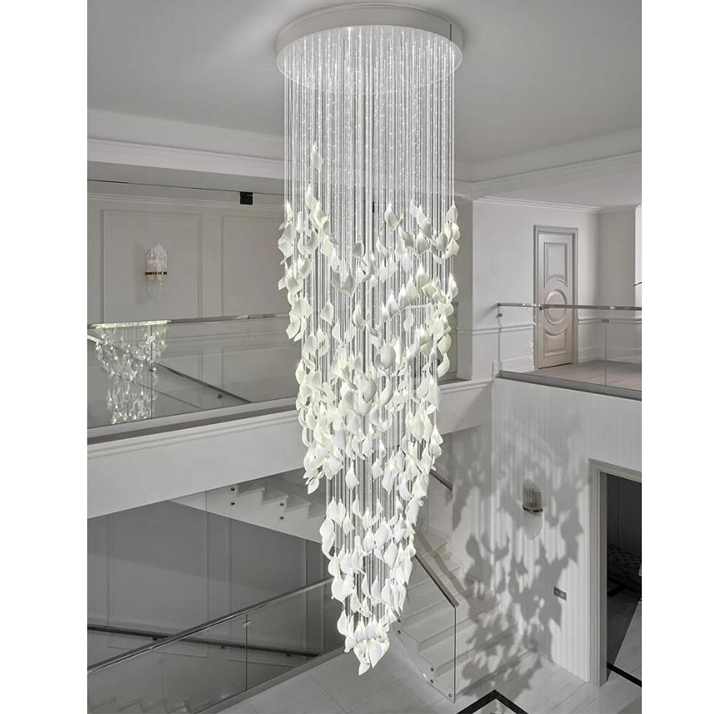 Modern Chandeliers Spiral Design Ceramic Leaf in White High Ceiling Pendant Light for Living Room Hotel Stairs Foyer Entryway