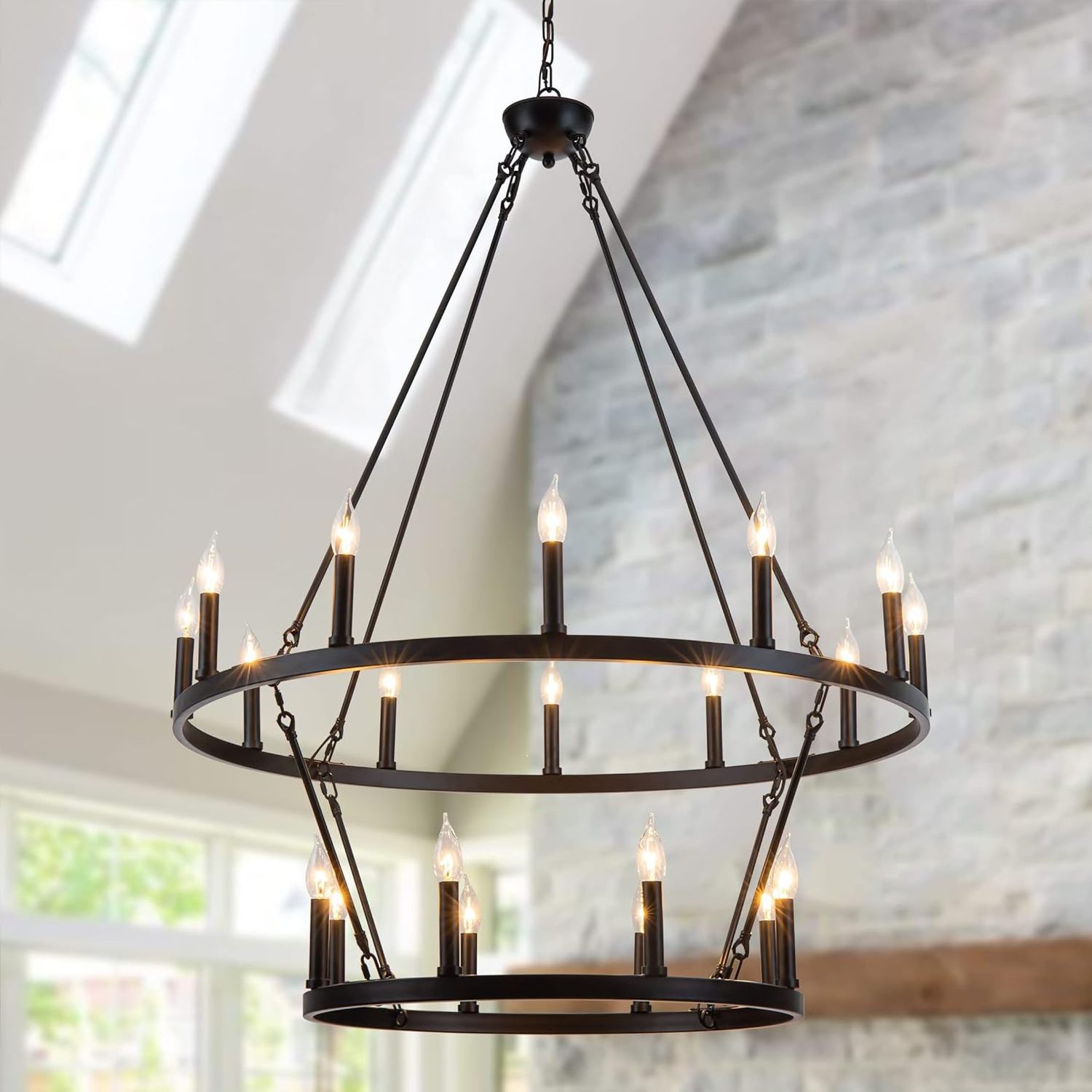 Black Wagon Wheel Chandelier 2 Tier 20-Light Large Farmhouse Chandelier Round Rustic Lighting Farmhouse Light Fixtures for Home