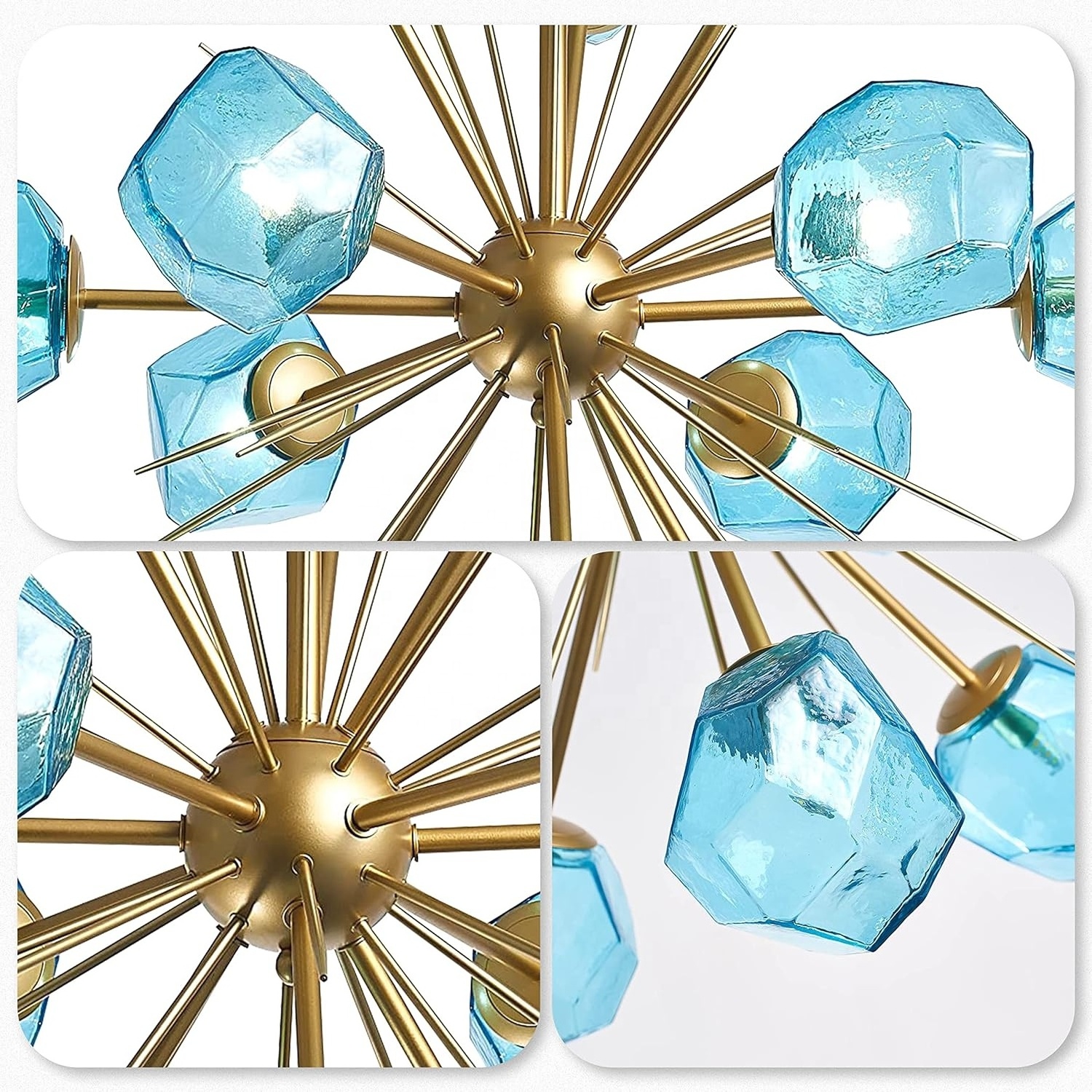 Modern Glass Sputnik Chandelier 12-Light Blue Gold Chandeliers Pendant Ceiling Light Fixture for Kitchen Dining Room Living Room