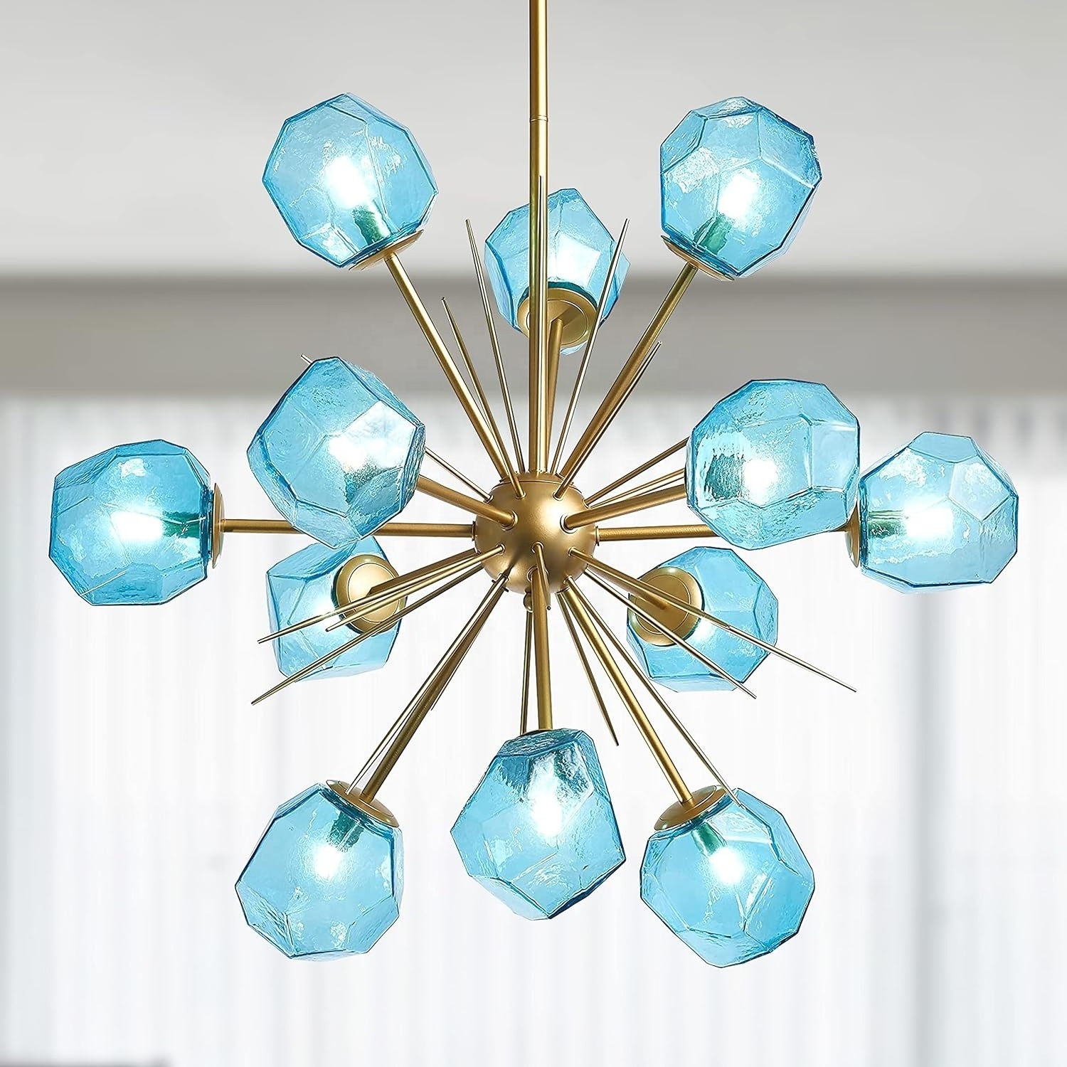 Modern Glass Sputnik Chandelier 12-Light Blue Gold Chandeliers Pendant Ceiling Light Fixture for Kitchen Dining Room Living Room