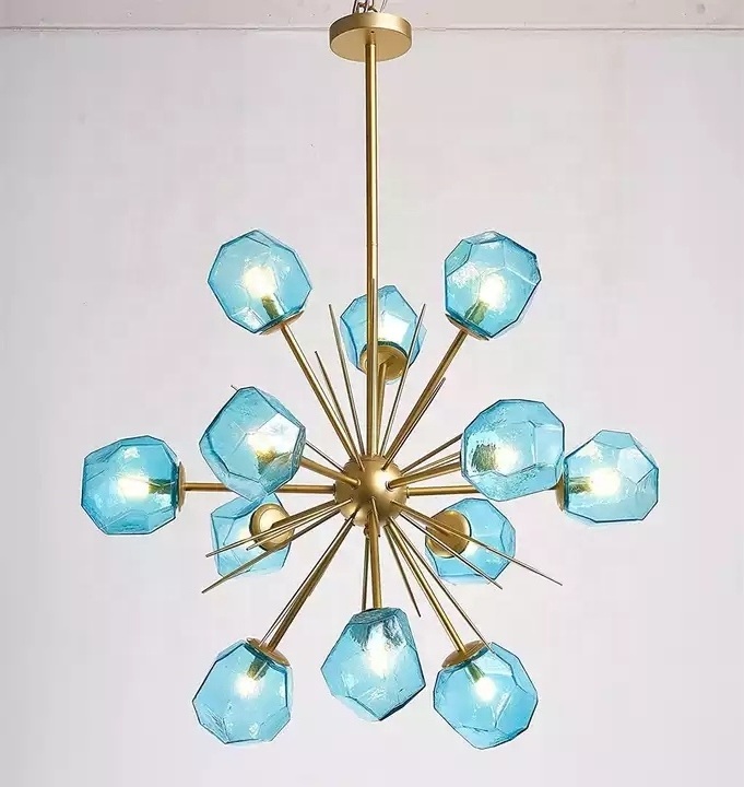 Modern Glass Sputnik Chandelier 12-Light Blue Gold Chandeliers Pendant Ceiling Light Fixture for Kitchen Dining Room Living Room