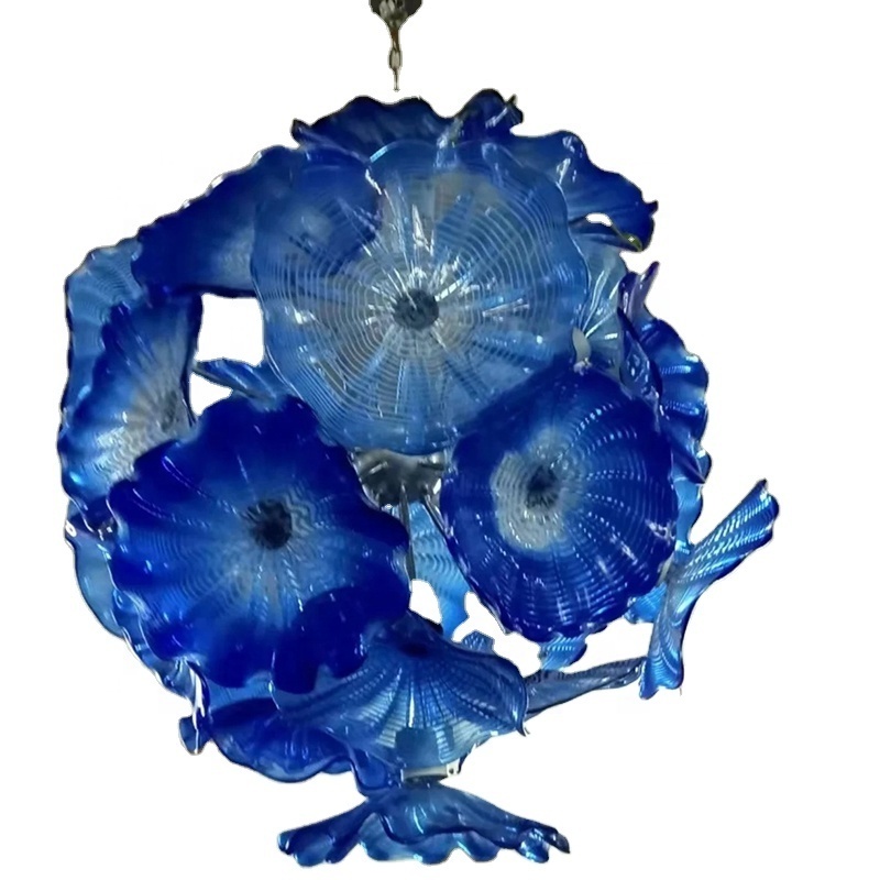 Luxury Flower Chandeliers Blue Color Art Design Handmade Murano Glass Light Fixture LED Lights for Home Lobby