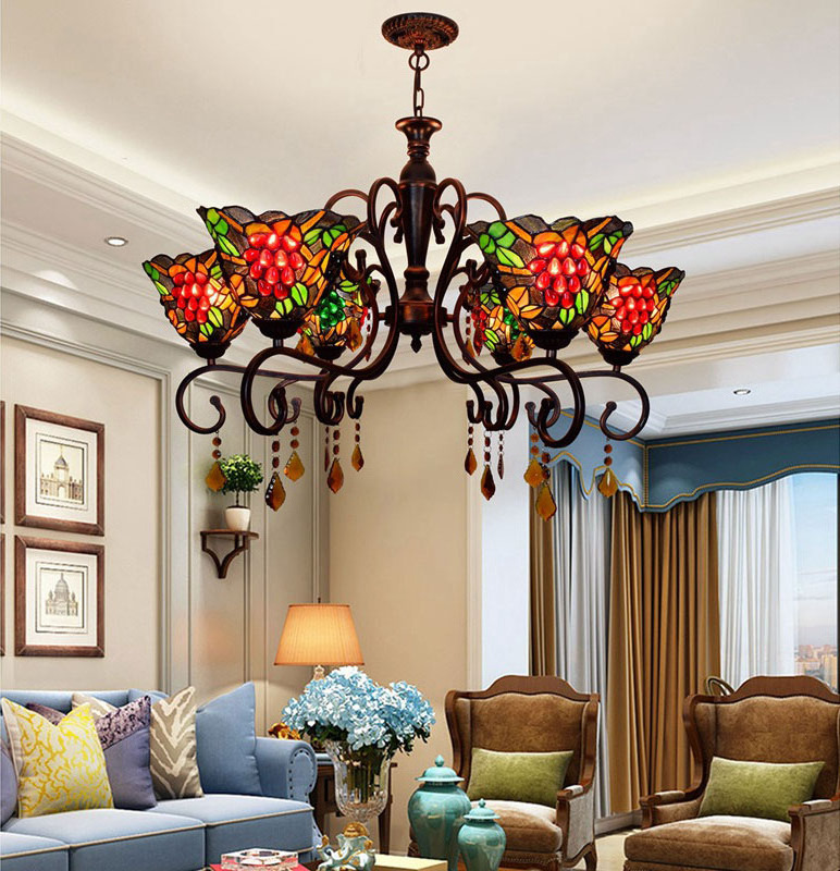 Red Grape Bedroom Bar Foyer Five Heads Chandelier Stained Lighting Tiffany Style Lamp Antique Lamps Tiffany Glass Pendant Light