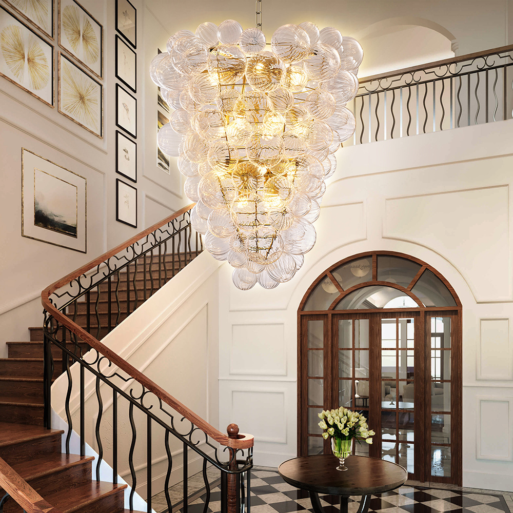 Longree Clear Ball Indoor Lamp Swirled Texture Glass Bubble Chandeliers LED Big Chandelier Lighting Home Staircase Hallway Entry