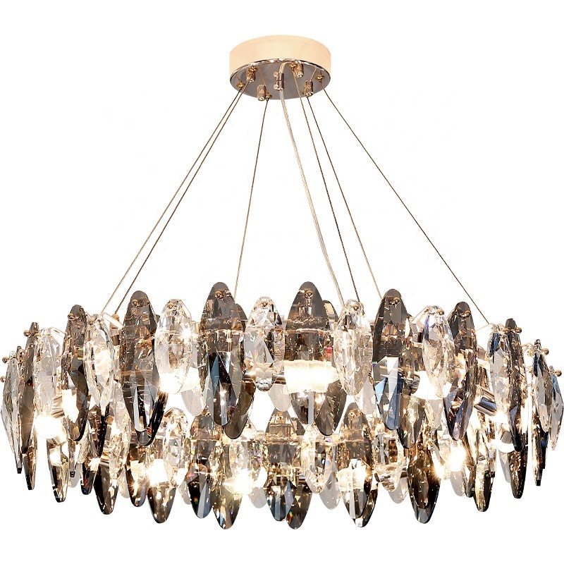 Modern Grey Crystal Chandelier Round Rectangular Lightings Crystal Chandelier for Bedroom Living Room Restaurant