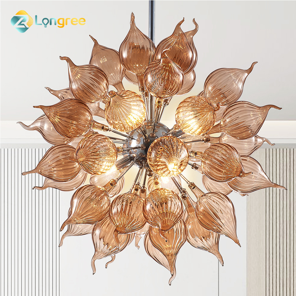 Modern Glass Chandeliers Flower Bud Decor Ceiling Hanging Pendant Fixture Chandelier for Entryway Dining Room Living Room