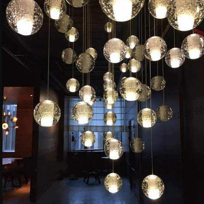 Modern Hanging Warm or White Clear Glass Bubbles Pendant Light G4 LED Ball Crystal Chandeliers for Staircase