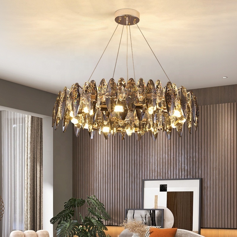 Modern Grey Crystal Chandelier Round Rectangular Lightings Crystal Chandelier for Bedroom Living Room Restaurant