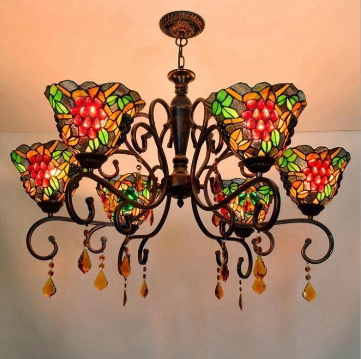 Red Grape Bedroom Bar Foyer Five Heads Chandelier Stained Lighting Tiffany Style Lamp Antique Lamps Tiffany Glass Pendant Light