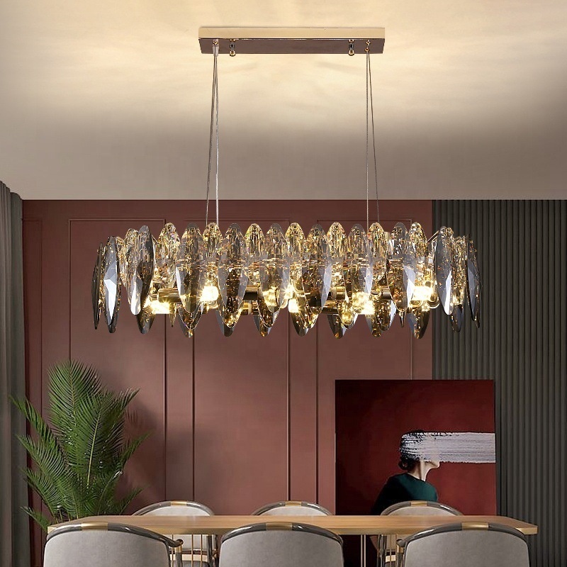 Modern Grey Crystal Chandelier Round Rectangular Lightings Crystal Chandelier for Bedroom Living Room Restaurant