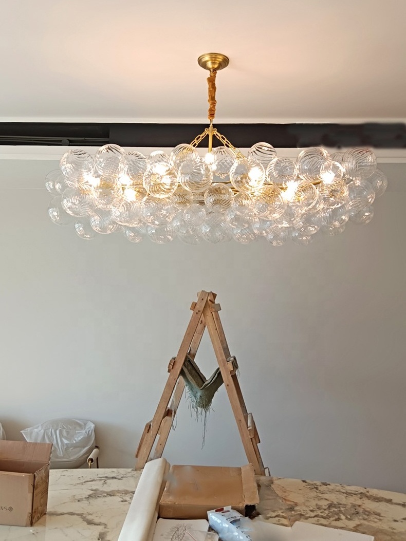 Longree Bubble Ball Chandelier Dining Room Gold Clear Rectangular Shape led Hanging Chandelier Light Fixtures for Home Kitchen