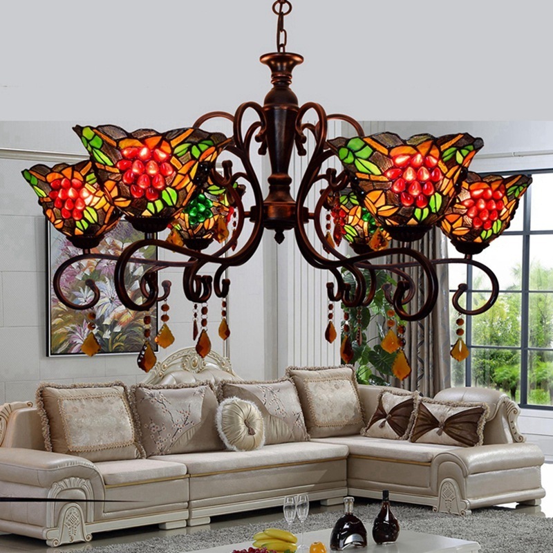 Red Grape Bedroom Bar Foyer Five Heads Chandelier Stained Lighting Tiffany Style Lamp Antique Lamps Tiffany Glass Pendant Light