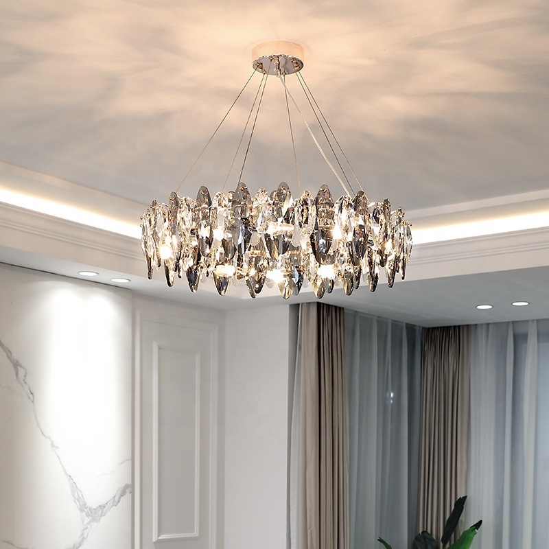 Modern Grey Crystal Chandelier Round Rectangular Lightings Crystal Chandelier for Bedroom Living Room Restaurant