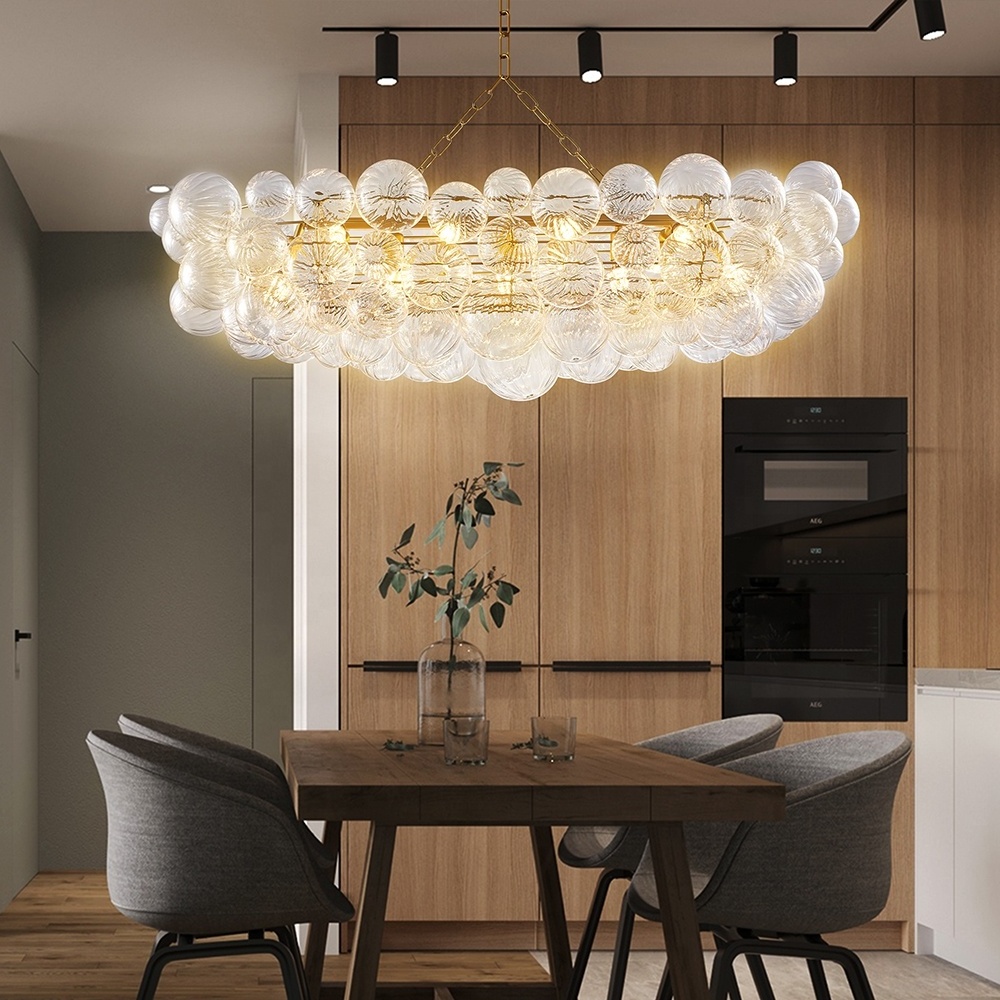 Longree Bubble Ball Chandelier Dining Room Gold Clear Rectangular Shape led Hanging Chandelier Light Fixtures for Home Kitchen