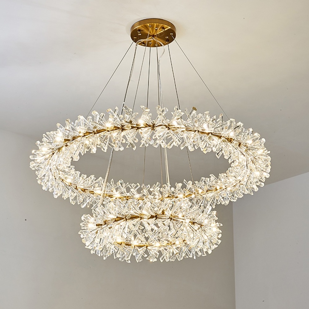 Gold Modern Chandelier LED Crystal Snow Flower Chandelier Ring Circle Contemporary Pendant Light Fixture