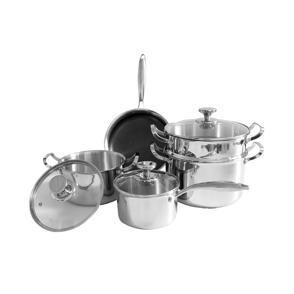 High Quality 201 Stainless Steel Pan Frying Pan Steel Pot Stainless Pot Set With Glass Lid Stainless Steel Pot Set Cookware