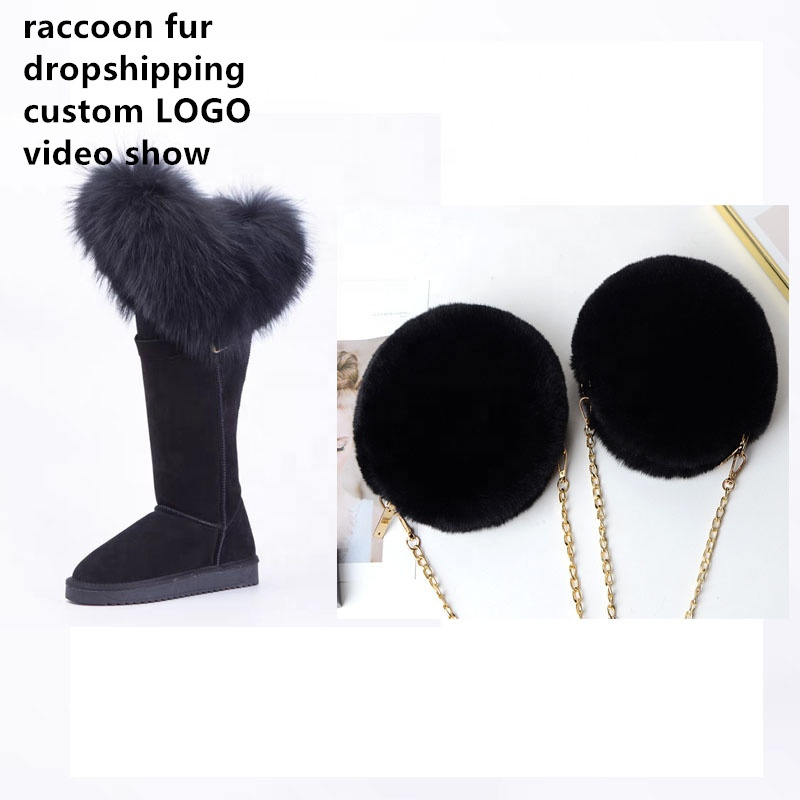 Customized LOGO waterproof brown leather sheepskin high end fluffy raccoon fur shoes leather long snow boots for women winter