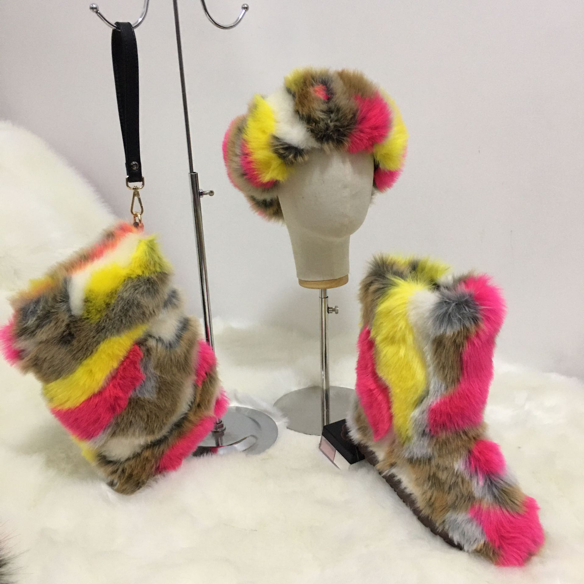 Women faux fox fluffy fox fur high casual winter snow boots matching fur purse  fur headband