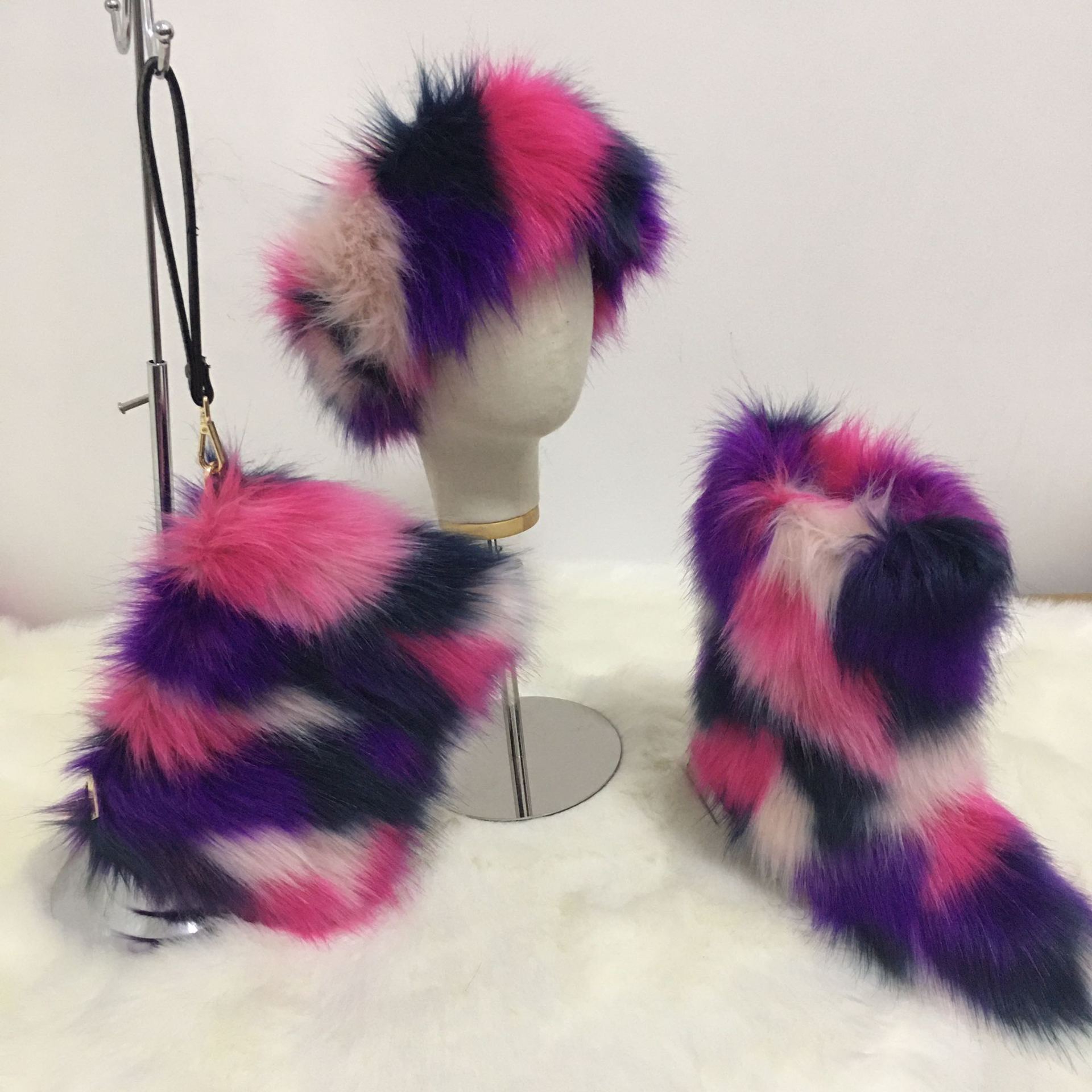 Women faux fox fluffy fox fur high casual winter snow boots matching fur purse  fur headband