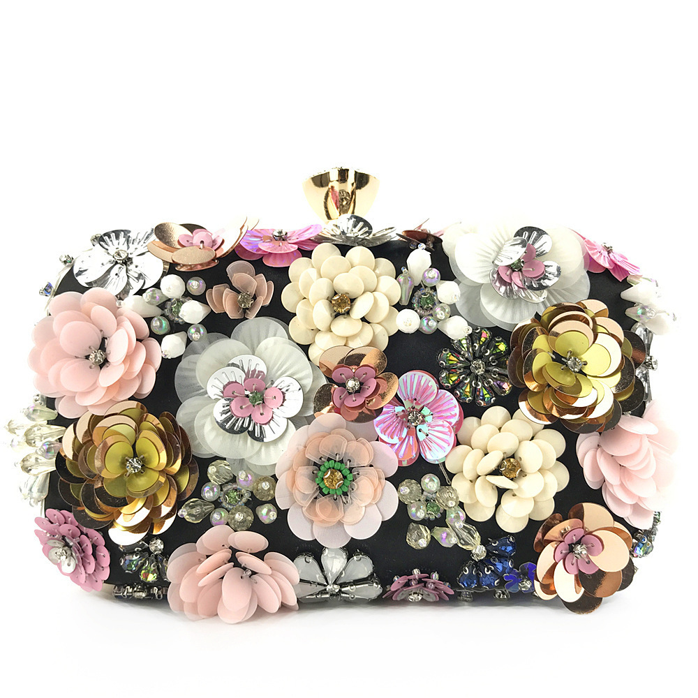 Women Fashion Embroidery Beaded Flower Full Dresses Metal Frame Party Evening Clutch Bag Wallet Purse