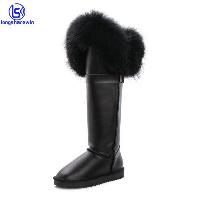 Customized LOGO waterproof brown leather sheepskin high end fluffy raccoon fur shoes leather long snow boots for women winter