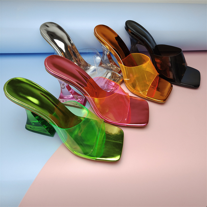 Fashion Dropshipping Summer Jelly PVC Colorful Crystal Heel Slides Women Ladies Shoes Clear heeled sandals