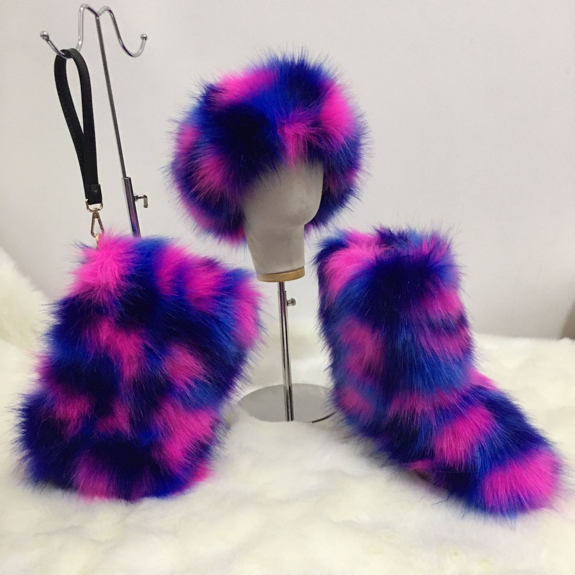 Women faux fox fluffy fox fur high casual winter snow boots matching fur purse  fur headband