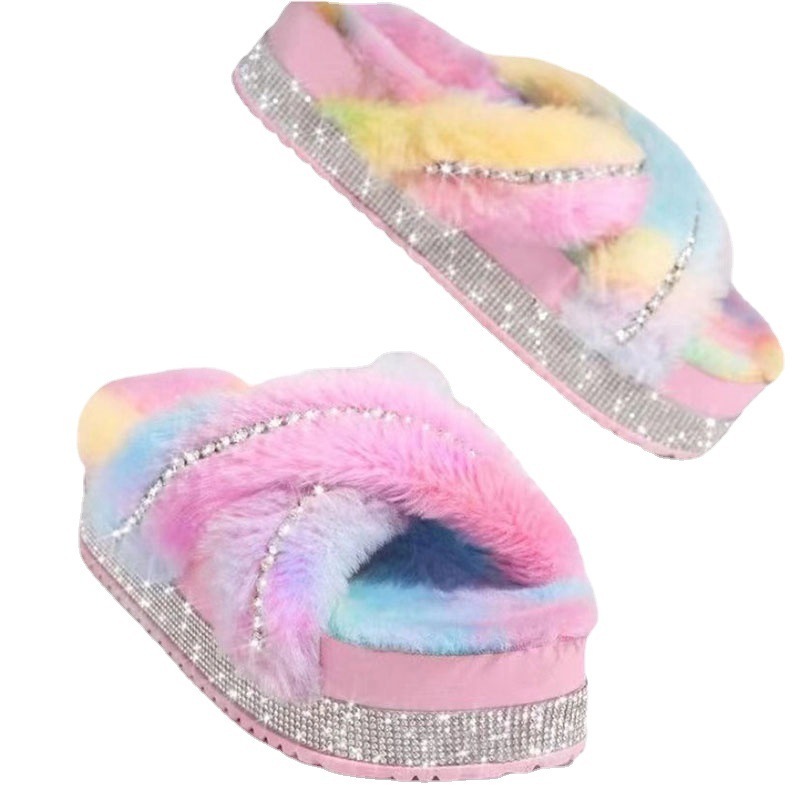 Ladies Shiny Bling Women Fur Rhinestone Slippers Platform Wedges Heel Fluffy Furry Slides Flat Flip Flops Shoes