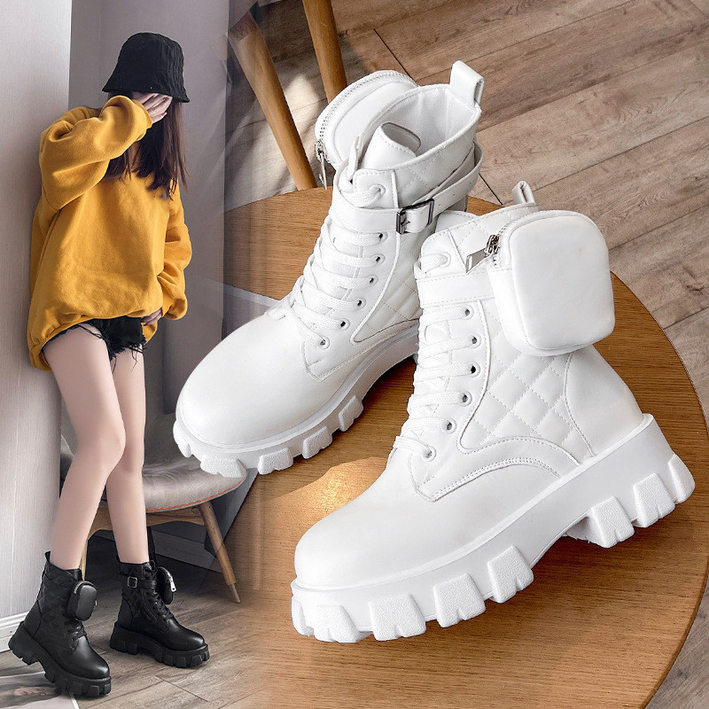 Fashion Women Winter Boots Thick-soled Wallet Leather Boots Hiking Pocket Ankle Shoe Women's Lace Up Motorcycle Boots