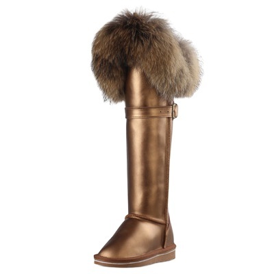 Customized LOGO waterproof brown leather sheepskin high end fluffy raccoon fur shoes leather long snow boots for women winter