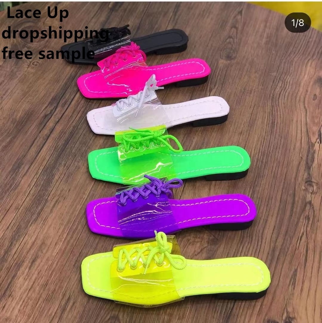 Free sample Wholesale Summer pvc Upper Lace Up Square Toe Women Slippers Slip On Flip-Flops Slippers Beach Clear Slides Sandals