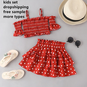 Summer Sweet Kids Girls Polka Dot Printed Ruffles Off Shoulder Tops Layered Skirts Children dress Wear Two Piece Clothes Sets